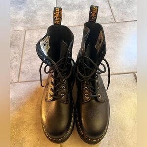 Dr. Martens Black Leather Lace-Up Boots with Yellow Welt Stitching